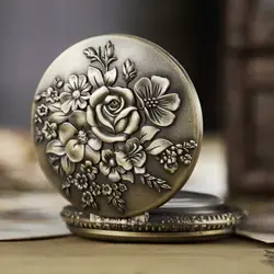 Цветок Роза бронзовые карманные часы ожерелье подвеска цепочка винтажная нержавеющая сталь кварцевые мужские женские подарки Relogio De Bolso