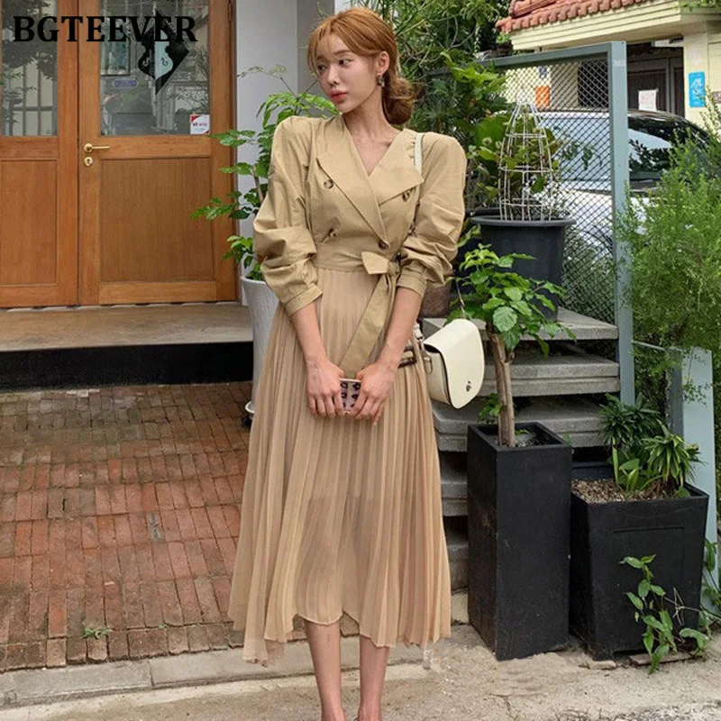 

BGTEEEVR Korean Belted Notched Collar Women Chiffon Dresses Elegant Patchwork Pleated Dress Long Female Vestidos 2019 Autumn