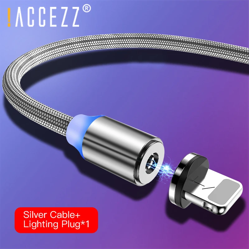 ACCEZZ микро Магнитный USB кабель для передачи данных для iPhone 6, 7, 8, X 11 Pro Max samsung S9 Тип C освещение телефонный кабель 1 м 2 м светодиодный USB C кабель Шнур - Цвет: Silver For iphone