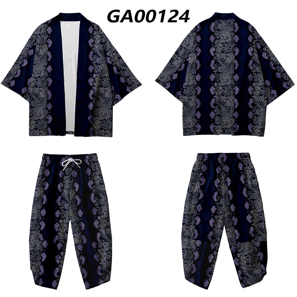 Man Japanese Kimono Cardigan And Pant Suit Yukata Jacket Women Harajuku Streetwear Samurai Clothes Haori Obi | Тематическая одежда