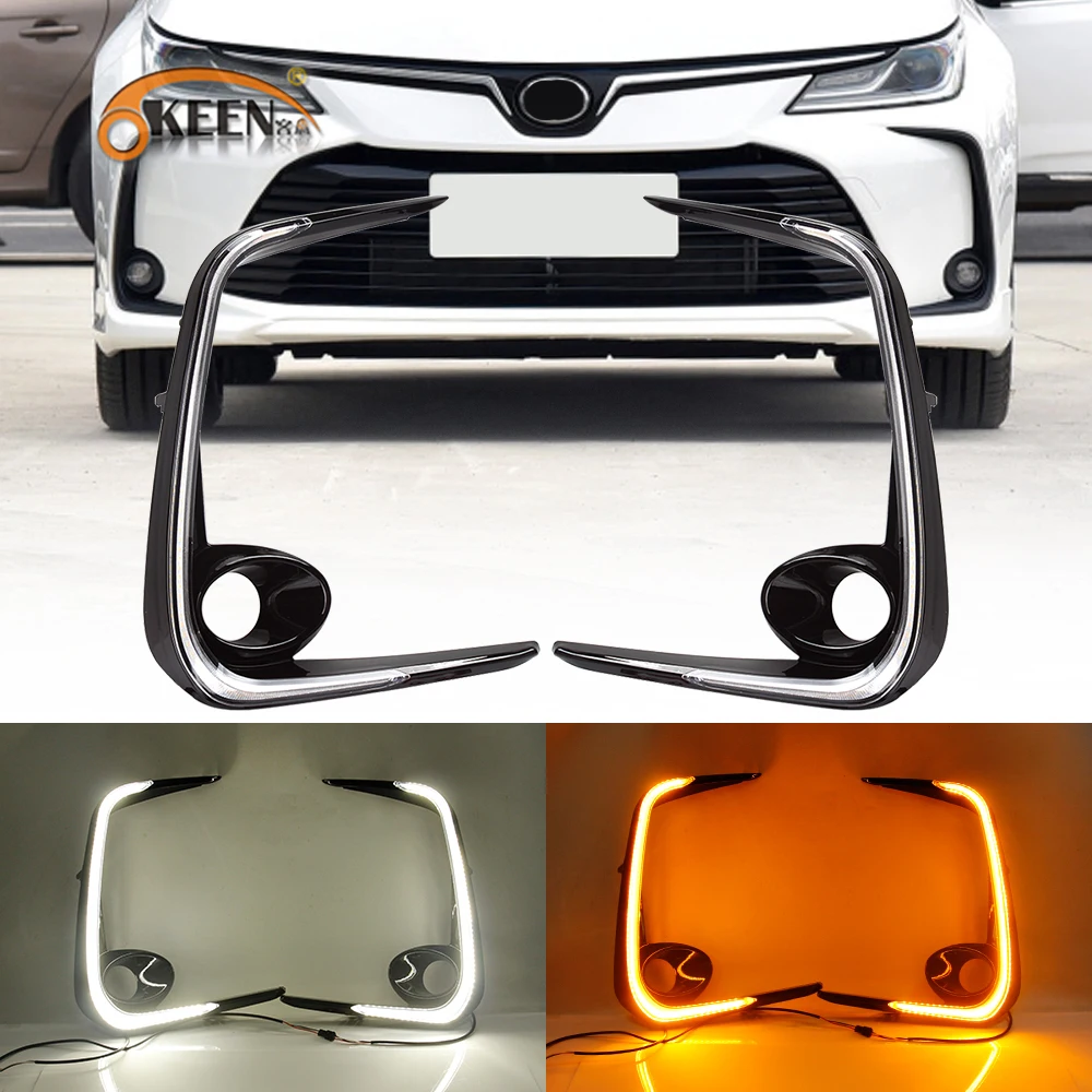 

OKEEN 2pcs Car LED Daytime Running Lights For Toyota Corolla 2019 2020 Daylight Waterproof Yellow Turn Signal Light DRL Fog Lamp