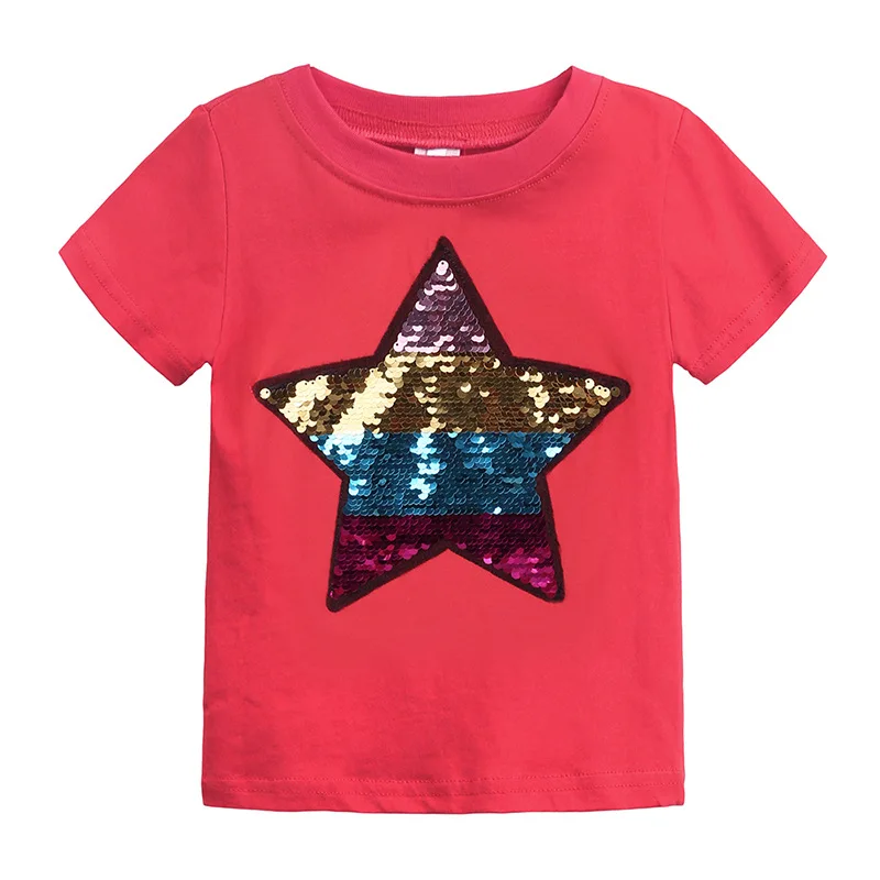 3 цвета, Новое поступление, детская одежда футболка для мальчиков и девочек с рисунком звезды и блестками хлопковая Футболка с круглым вырезом и короткими рукавами