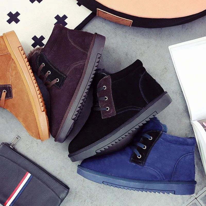 

Cowhide Short MEN'S SHOES Casual Flat Snow Boots Thick Long Velvet Warm Anti-slip Men Fashion Cotton-padded Shoes