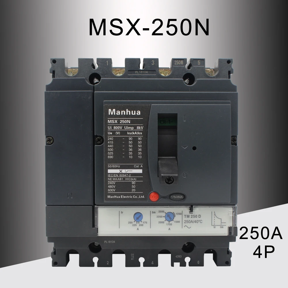 Manhua Mccb Quebra Capacidade Ajustável 250a Msx-250n Moldado Case Disjuntor 4 p