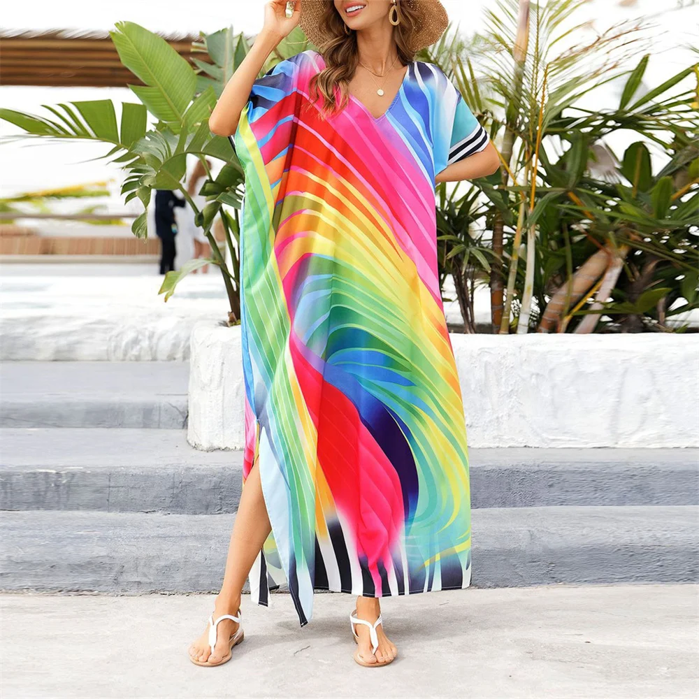 

2021 Bohemian Color Striped Print Women Beach Dress Bathing Suit Cover Up Summer Tunic For Women Beachwear Robe de plage Kaftan