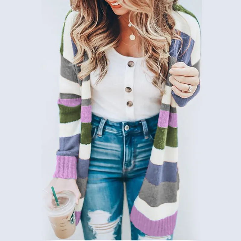 Женский полосатый кардиган с длинным рукавом, вязаный свитер, повседневный Женский Цветной лоскутный свитер, Осень-зима 2019, Модные
