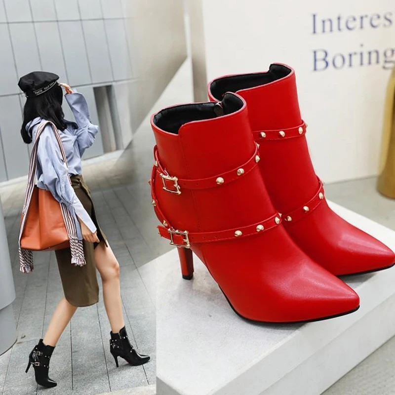 

ZETMTC Brand shoes Winter Women Boots Ankle Boots High Heels 8cm Chelsea boots short Red Plus Size 33-43 red shoes woman