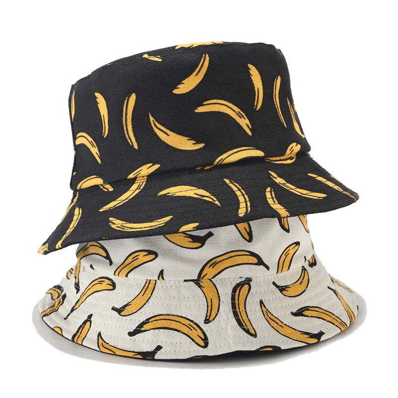 Print Banana Reversible Fisherman Hat Black White Summer Bucket Hat for Men Women Street Hip-hop Sun Bob Panama k pop cap hat