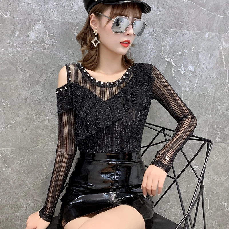 

COIGARSAM Office Lady blouse women Spring Ruffles Lace Full Sleeve Chiffon Solid blusas womens tops and blouses Black 351
