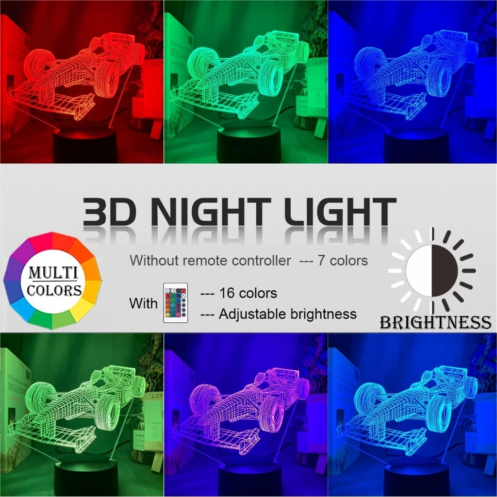 F1 포뮬러 1 레이싱 카 3d 환상 Led 야간 조명 어린이 침실 장식 야간 조명 어린이 방 책상 램프를위한 독특한 선물