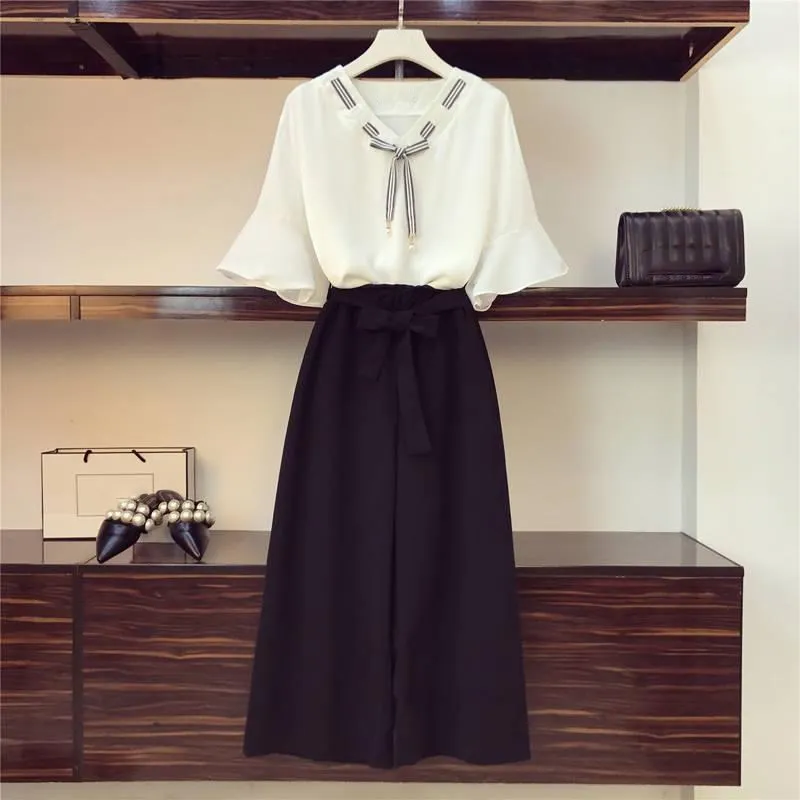 

Women Casual Lace Up Plus Size Two Piece Set Loose High Waist 2 Piece Outfits Chiffon Belt Flare Sleeve Women's Set