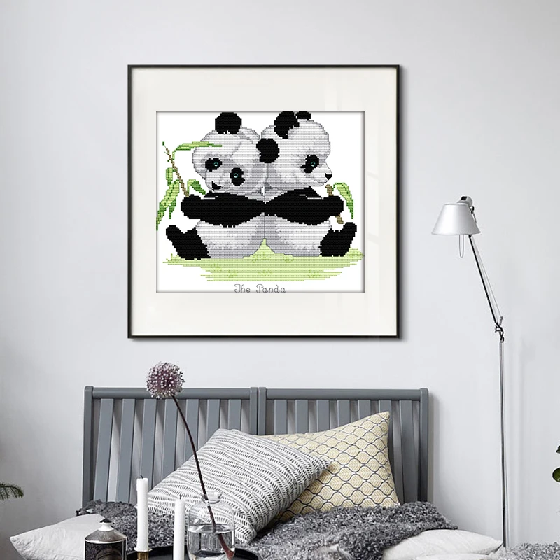 

Joy Sunday Cross Stitch Kits DIY Two cute pandas Printed Chinese Embroidery Needlework for hanging in the some children's rooms