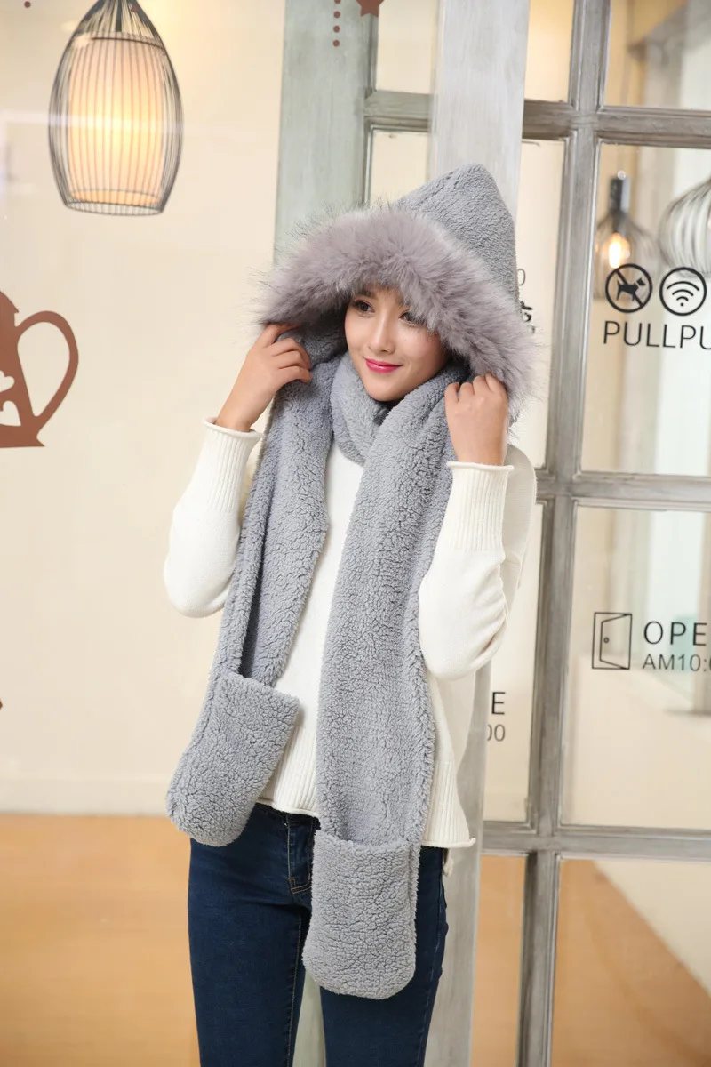 grey Осенне-зимняя женская шапка, шарф, перчатки, Цельный Наряд, Корейская версия, женская шапка, Студенческая плюшевая Толстая теплая длинная шапка, шарф, шапка, шапка, набор - Цвет: grey
