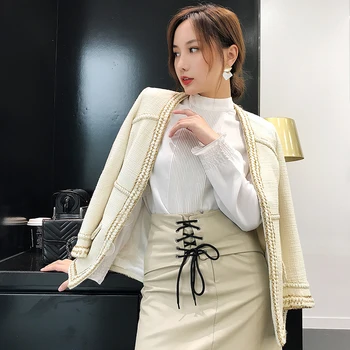 

2019 autumn brand designer women v-neck tweed jackets OL elegant lurex knitted weaved coats y403