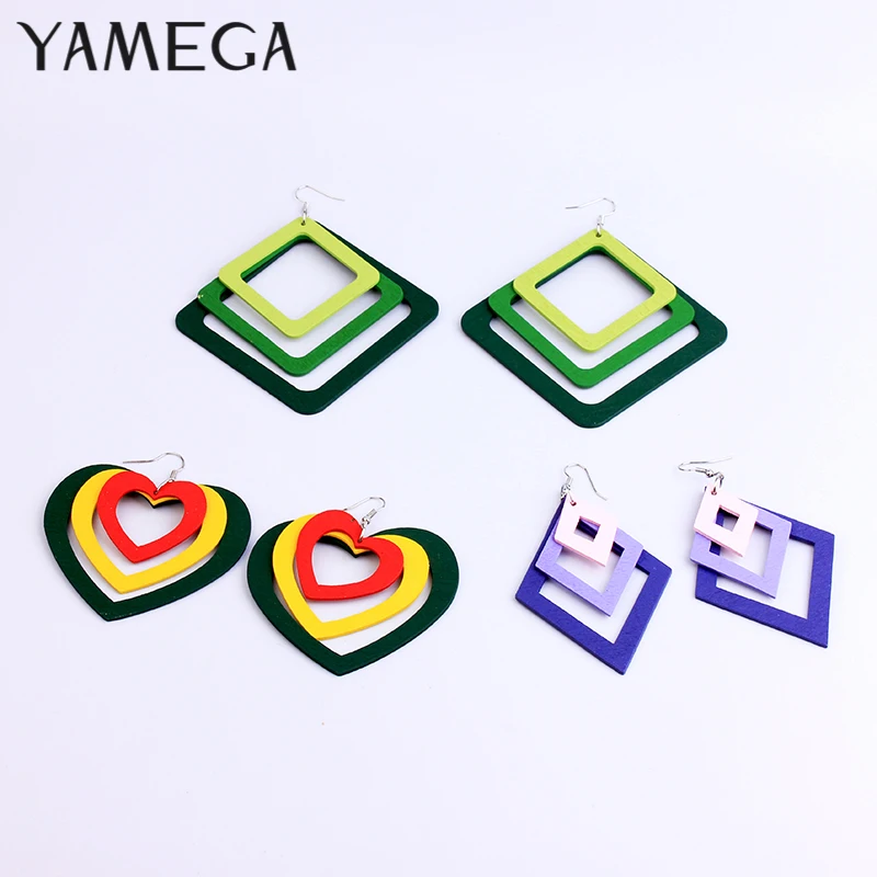 

YAMEGA Large Multilayer Natural Wooden Earrings Long StaColorful Africa Drop statement Earring For Women Lady Girls 2019 New