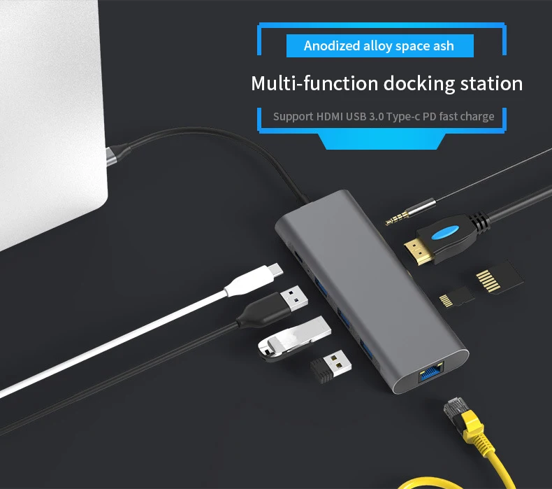 9 в 1 Тип-C концентратор USB3.0 4K HD PD с высоким уровнем Скорость зарядка для мобильных устройств MacBook huawei XiaoMi lenovo док-станция с HDMI SD TF LAN PD