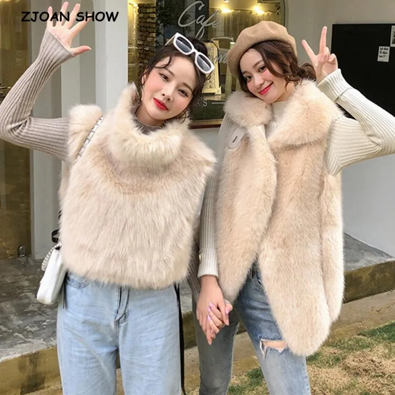 

2019 Winter Stand Collar Hairy Shaggy Faux Fur Vest Women Bandage Side Split Fur Waistcoat Sleeveless Jacket Outwear Beige