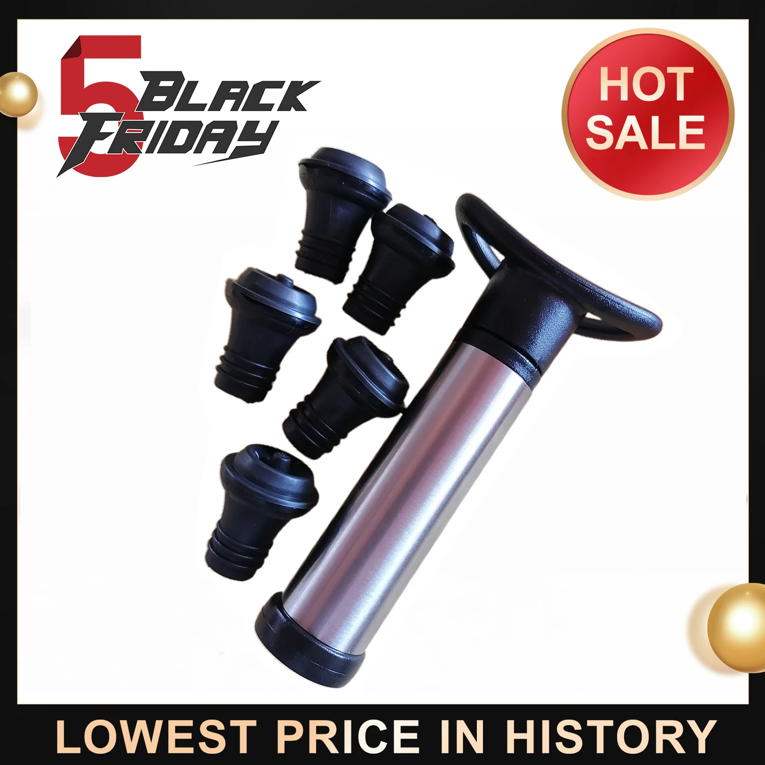 Wine Saver Vacuum Pump With 5Pcs Bottle Stoppers Stainless Steel Sealer Preserver Set Bar Accessories | Дом и сад
