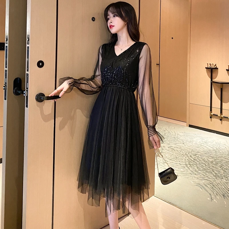 

2020 Spring V-Neck Sequin Stitching Irregular Layered Mesh Gauze French Dress Empire Elegant Mid-Calf Dress Party Vestidos