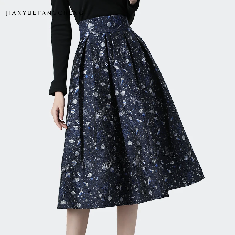 Модная Вселенная космическая голубая Жаккардовая юбка Женская высокая ожидание А-силуэта размера плюс плиссированные юбки женская уличная Зимняя юбка миди