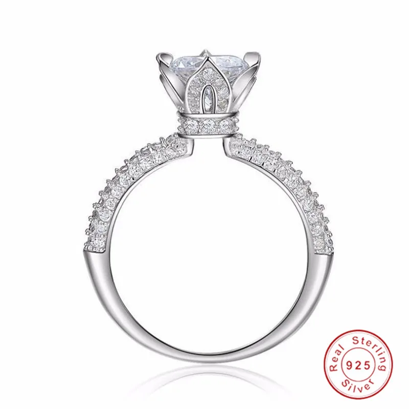 Корона Обручальное кольцо из чистого стерлингового серебра 925 пробы круглое сечение белый прозрачный AAAAA кубический циркон вечерние женские обручальные кольца подарок