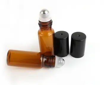 

100pcs/lot 5ml 10m Amber Perfume Glass Roll on Bottle with Metal Ball Brown Roller Essential Oil Vials Thin