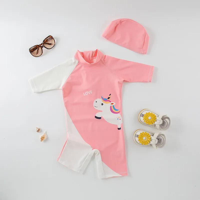 Baby Swimwear Flamingo Unicorn Swimsuit for Girls UPF50 Anti UV Bathing Suit One Piece Toddler Rashguard with Sleeves