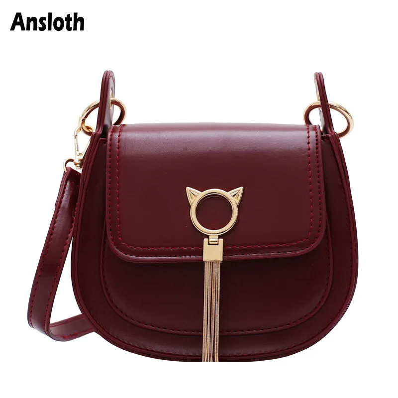 

Ansloth Fashion Tassel Saddle Bags Women Shoulder Crossbody Bag For Female Small Bag Solid Color Luxury Design PU Leather HPS857
