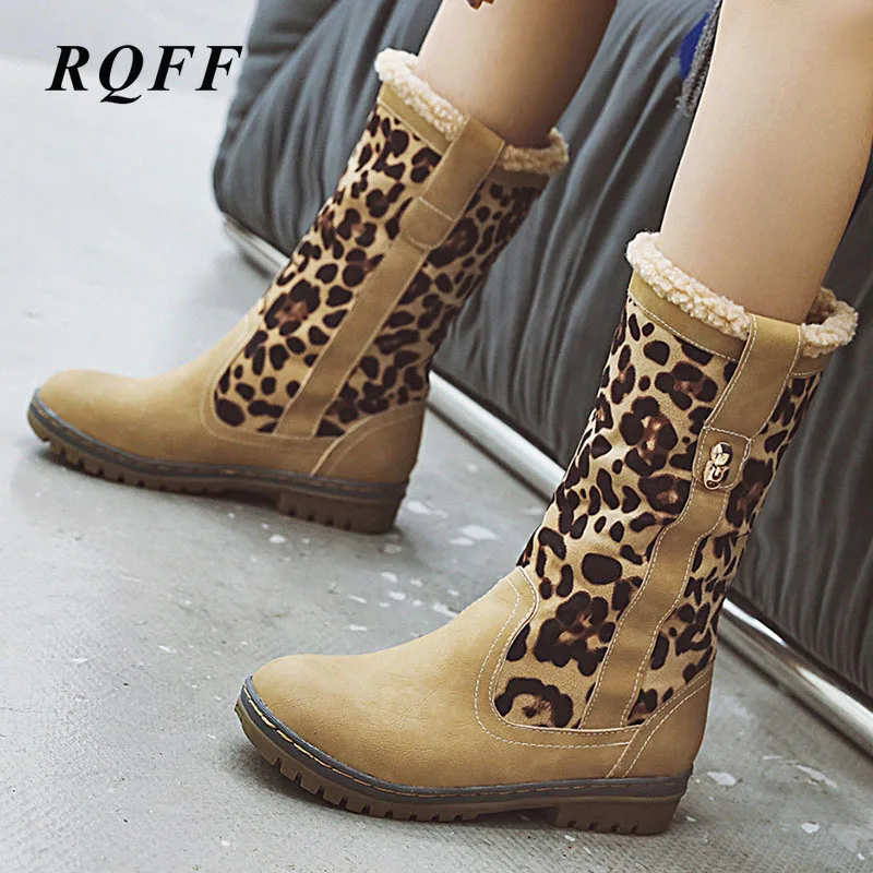 2019 г. Зимние ботинки женские без шнуровки средней высоты Леопардовый принт