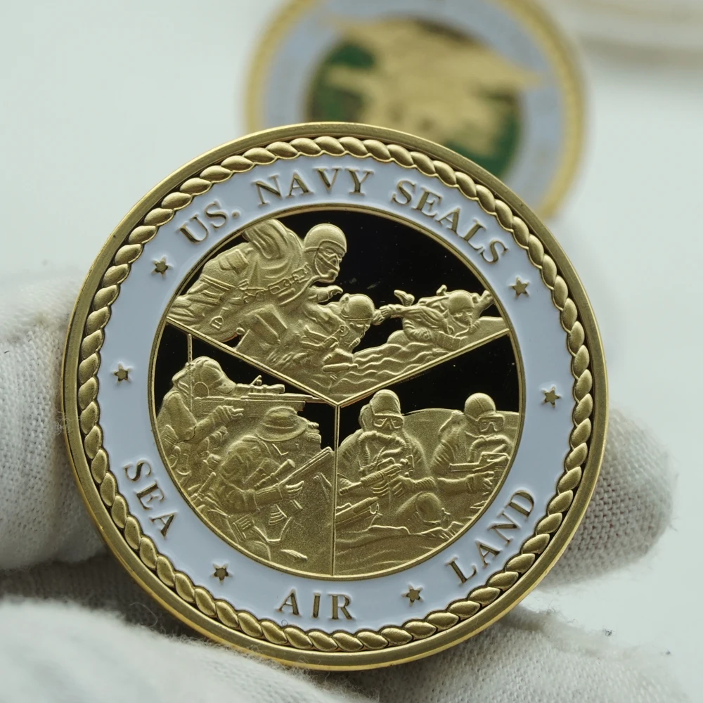 2PCS Gold Plated Souvenir USA Sea Land Air Of Seal Team Challenge Coins Department Of The Navy Military Coin