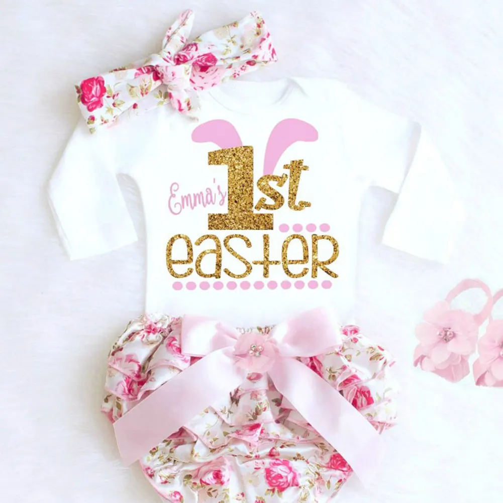 Милый детский комбинезон с короткими рукавами и надписью «My First Easter» для маленьких девочек, штаны с цветочным принтом