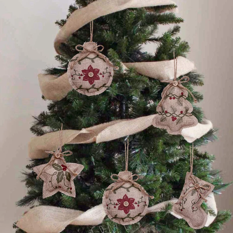 

Rustic Christmas Tree Ornaments Stocking Decorations Burlap Country Christmas Stocking Ball Tree Bell with Red and Green Holly L
