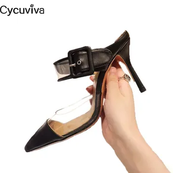 

New PVC Transparent Mules Thin Heels Shoes Woman Point Toe Slides Square Buckle Women Slippers Black Leather Ladies Dress Shoes