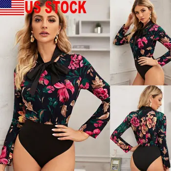 

Hirigin Women Floral Long Sleeve Bodysuit Autumn Spring Casual Jumpsuit Office Lady Buttoming One Piece Fashion Leotard Tops