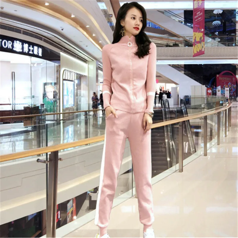 Трикотаж высокого качества, спортивная одежда, комплект из 2 предметов, изящный вязаный свитер с длинными рукавами на молнии, пальто+ эластичный пояс, тонкий набор длинных брюк