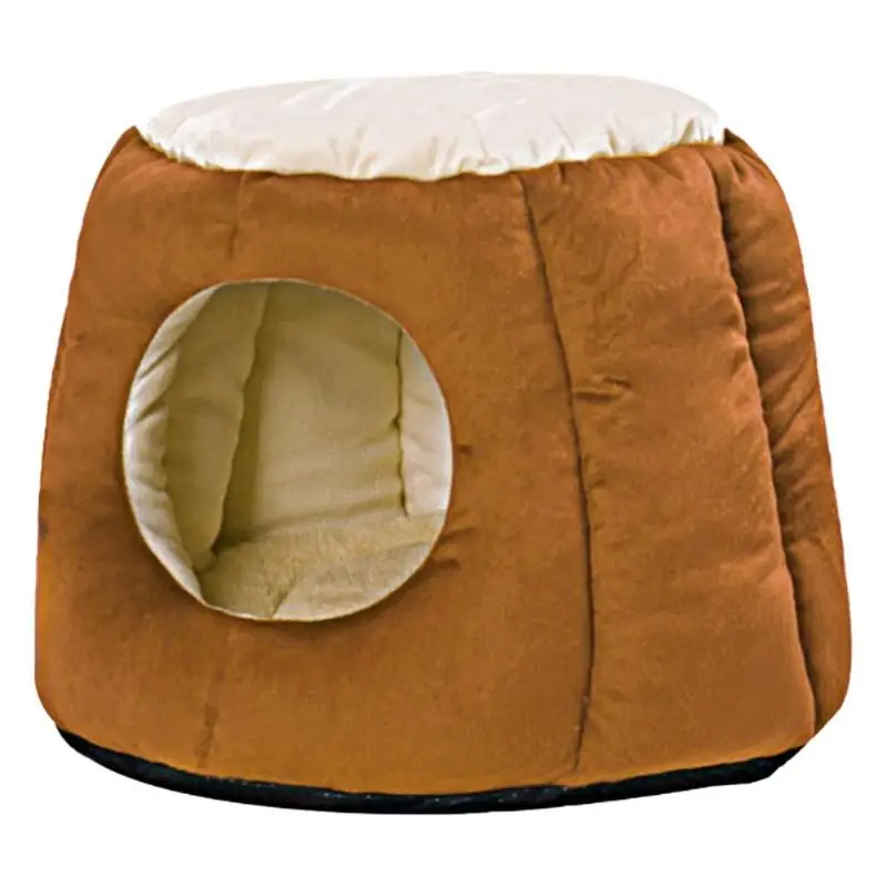 Foldable Dog Cat Sleeping Nest Soft Arctic Velvet PP Cotton Round Breathable Pet Beds Portable Warm Puppy Kennel House - Цвет: Light Brown
