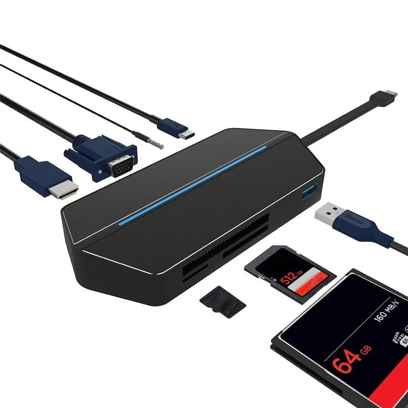 Многофункциональная Тип-C концентратор USB-C Многофункциональный узловой центр Тип с разъемами типа C и HDMI 8-в-1 переходник удлинитель док-станция для 40AUG19