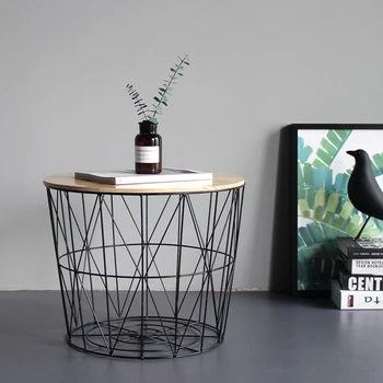 

Wind Iron Side Table Small Coffee Table Solid Wood Small Round Table Bedside Table Corner Storage Basket Basket Storage Basket