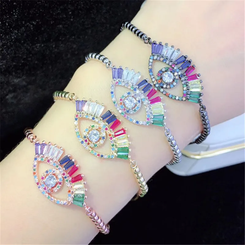 10pcs/lot Brass Bracelet Pave Rainbow Cubic Zirconia Evil Eye Adjustable Bracelet Fashion Jewelry