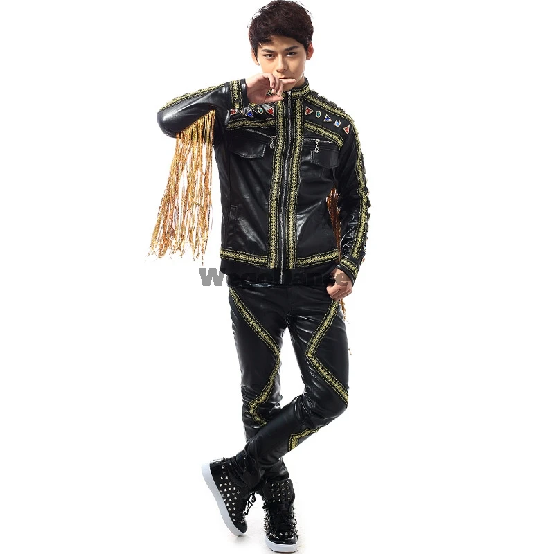 Nieuwe Mannen Kwastje Jacket En Pant Set Nachtclub Bar Stage Bigbang Lederen Pak Zwart Kwastje Zanger Kostuum Nieuwe Mannen Kwastje Jacket En Pant Set Nachtclub Bar Stage Bigbang Lederen Pak Zwart Kwastje Zanger Kostuum