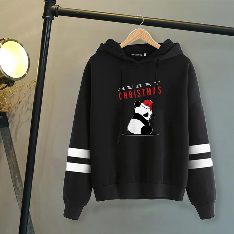 Merry Christmas Panda Girl толстовка с капюшоном Kawaii Женская Полосатая Толстовка с длинным рукавом Женские Пуловеры Топы