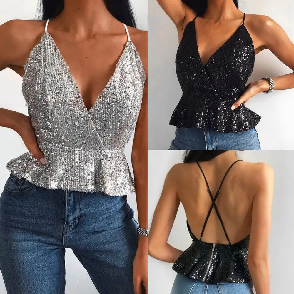 

Sexy Black Sliver Bling Bling Sequined Sleeveless Backless Tank Top Women Clothes Spaghetti Strap V Neck Cami Tops Streetwear