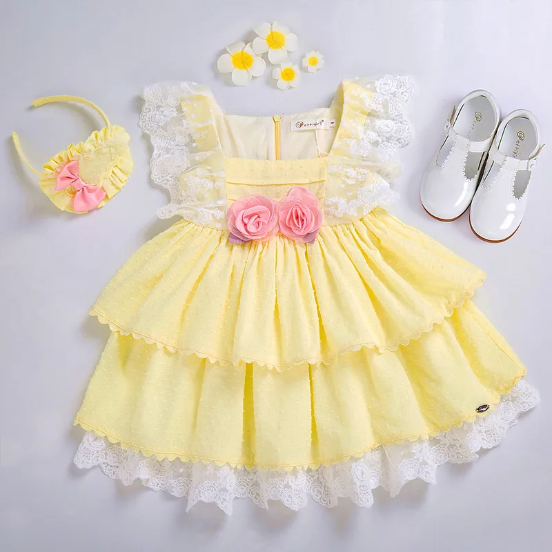 Cutestyles светло-желтое платье принцессы для девочек с розовыми цветами трапециевидные Детские платья Одежда для детей EG-DMGD203-23