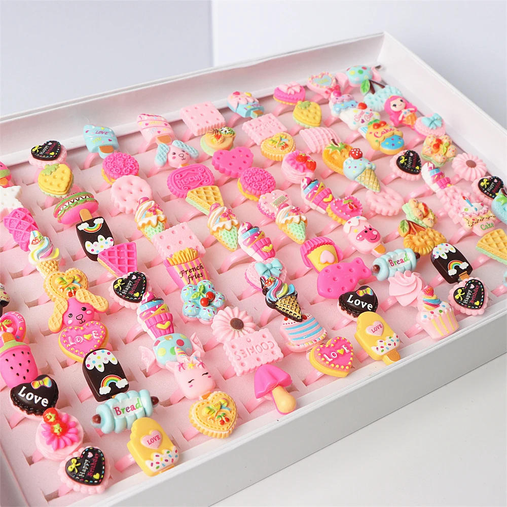100Pcs/lot Cute Colorful Love Heart Ice Cream Popsicle Rings For Lovely Girls Children Mix Style Party Gifts Jewelry