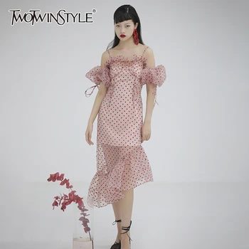 

TWOTWINSTYLE Vintage Dot Women Dress Square Collar Puff Short Sleeve High Waist Ruffles Midi Irregular Dresses Female Clothing