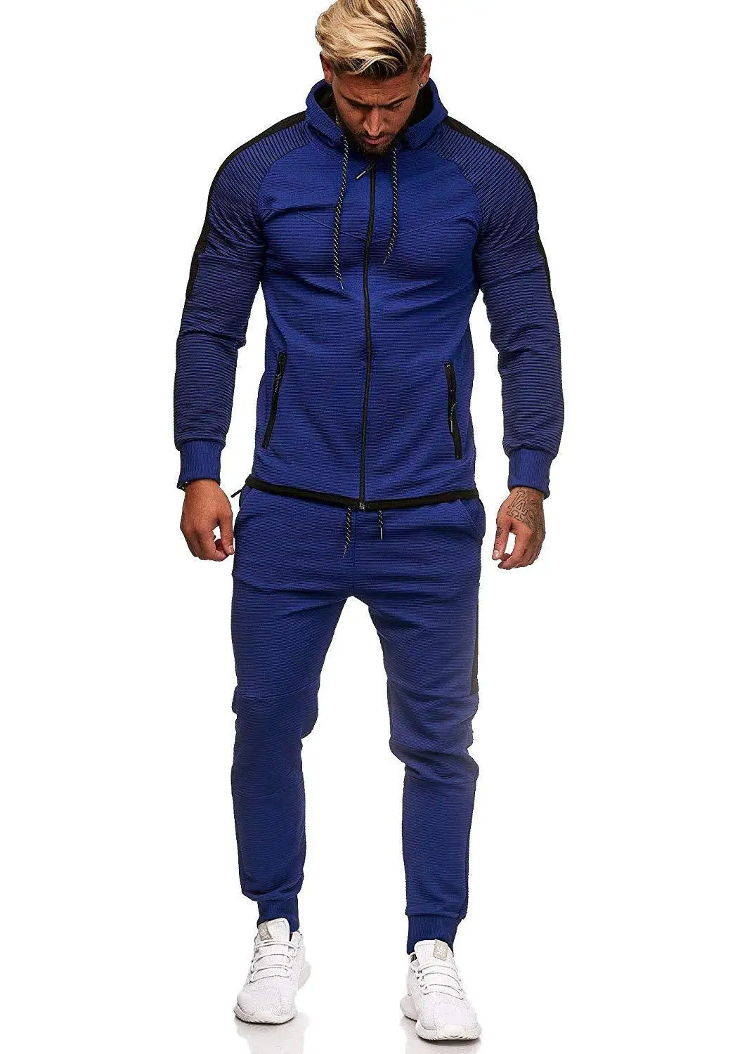 Plus Size Men's Stripes Contrast Color Splicing Tracksuit Casual Zipper Cardigan And Sweatpants 2 Piece Set Fitness Ropa Hombre - Цвет: Синий