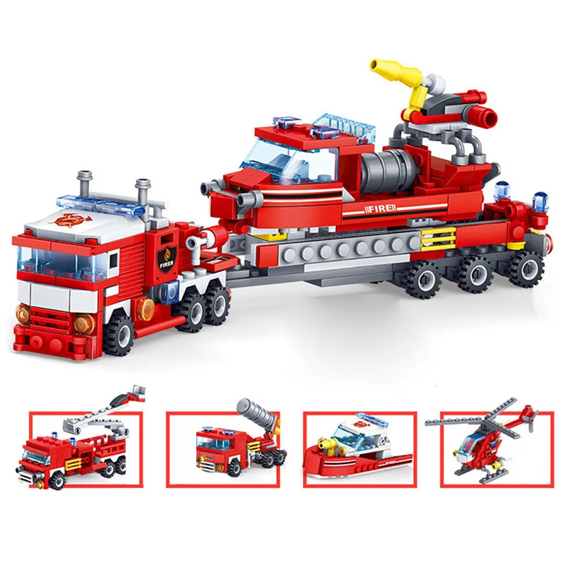

Fire Fighting 4in1 Trucks Car Helicopter Boat 348pcs Bricks Building Blocks compatible legoingly City Firefighter Toy children G
