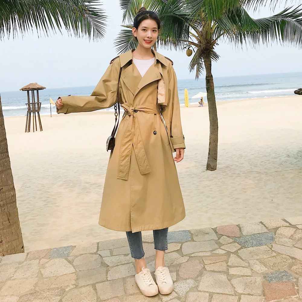

Photo Shoot South Korea Dongdaemun Coat Women's 2019 Autumn New Style Retro Laziness-Style Double Breasted Waist Hugging Long Tr