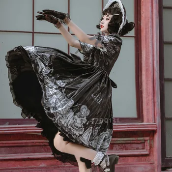 

Halloween Women Lolita Gothic Style OP Girls Black Tea Party Noble Princess Dress Lace Gloves Carnival Anime Cosplay Costume Set