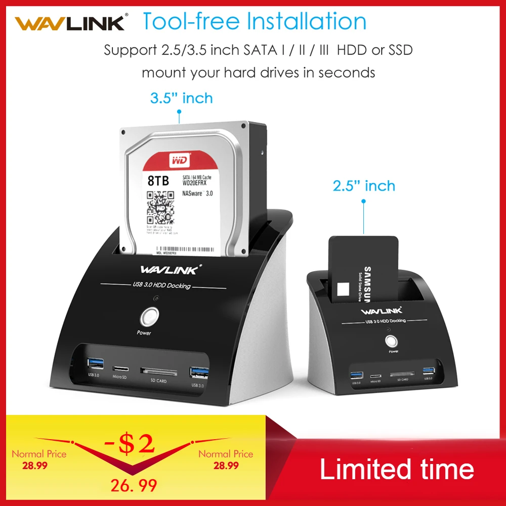 Pаспродажа Wavlink USB 3,0 SATA HDD док станция с кардридером слот SATA жесткий диск Внешний корпус для 2,5 3,5 дюймов HDD SSD